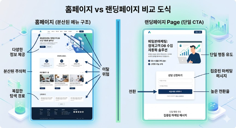 홈페이지와 랜딩페이지 제작 전환율 비교 도식