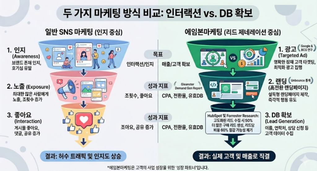 리드 제네레이션과 일반 SNS 마케팅 대행 차이 비교 도식