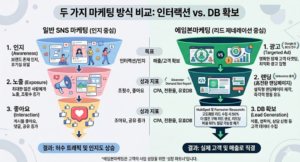 리드 제네레이션과 일반 SNS 마케팅 대행 차이 비교 도식